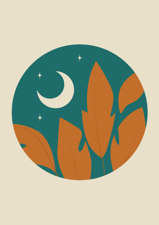 Aesthetic Illustration poster with leaves in the nightのイラスト素材