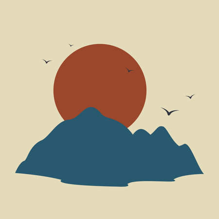 Japanese sunrise landscape postcard illustration. Morning mountains and waterのイラスト素材