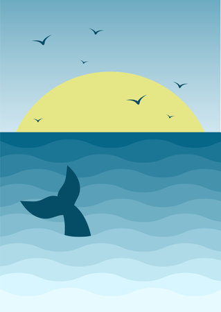 Sea in the morning and whale childish illustration poster. Cute fish tale.のイラスト素材
