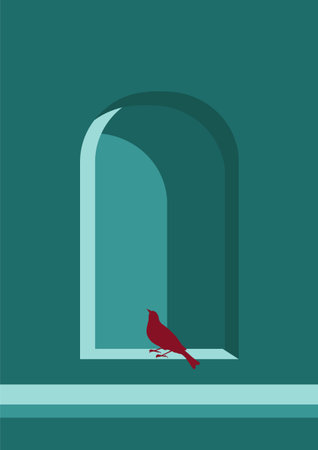 Aesthetic green decoration with sitting bird in window illustration. Minimalist boho art print. Mid century wall art print for bedroom decor. Modern style a4 poster.のイラスト素材