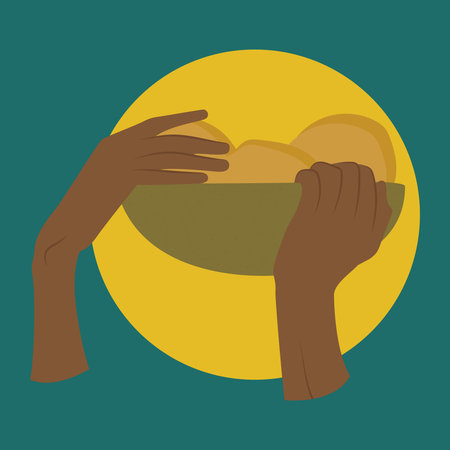 Hands holding bowl of fruit with lemons vector postcard illustration. Minimalist contemporary background with sunny valley. Summer landscape colorful poster.のイラスト素材