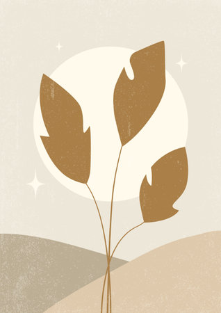 Botanical neutral print aesthetic minimalist illustration. Minimalist contemporary background with sunny valley. Summer landscape colorful poster.のイラスト素材
