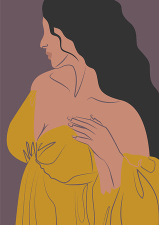 Hispanic woman in a long dress aesthetic illustration poster. Minimalist summer art of young woman. Wall decor with fashion lady, contemporary artistic posterのイラスト素材