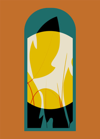 Botanical illustration of tropical yellow leaves illustration view. Evening on the beach with branches poster. Full moon in the sky. The tropical island in the summerのイラスト素材