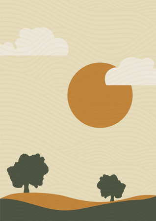 Sunny valley landscape background illustration poster. Nature art. Modern boho background with sun and forest, minimalist wall decor. Vector a4 art printのイラスト素材