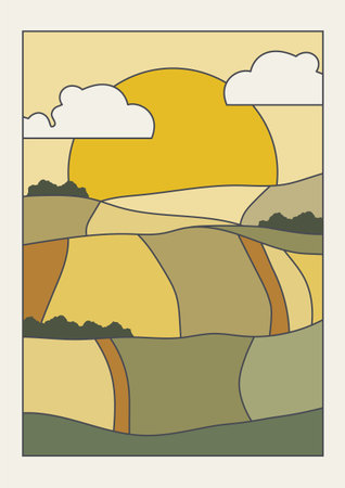 Sunny valley landscape background illustration poster. Nature postcard. Vintage art with agriculture fields. Autumn harvesting seasonのイラスト素材