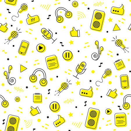 Podcast seamless pattern background for blogging. Vlogging and live streaming. Doodle print with podcast elements, headphones, microphone. Vector illustration.のイラスト素材