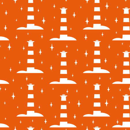 Seamless pattern of lighthouse on red background illustration. Printable art of northern sea. Marine vector background. Vector endless texture for digital paper, fabric.のイラスト素材