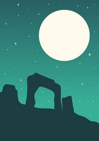 The Great American Desert midnight landscape illustration. Boho vector wall decor. Full moon on the West Mitten buttes in Monument Valley, Arizona. Aesthetic minimalist Australian panorama poster.のイラスト素材