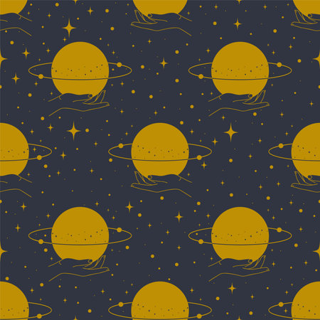 Vector seamless illustration of astrology Saturn pattern. Outer space and planets. Hand holding Saturn printed wallpaper. Vector endless texture for digital paper, fabric. Celestial conceptのイラスト素材