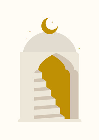 Architecture Morocco elements and moon poster illustration. Muslim mosque. Modern aesthetic art. Boho style artistic design for wall decorationのイラスト素材