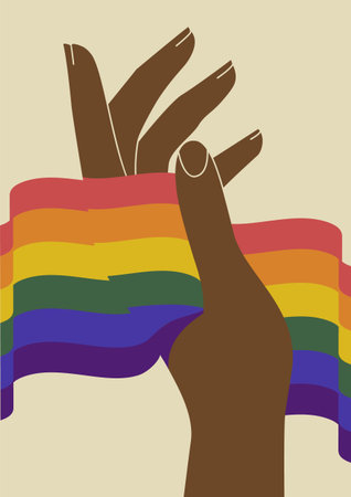 Rainbow colored raised hand illustration poster. LGBT concept. Realistic style vector colorful illustration. LGBTQ support template, greeting card or party invitationのイラスト素材
