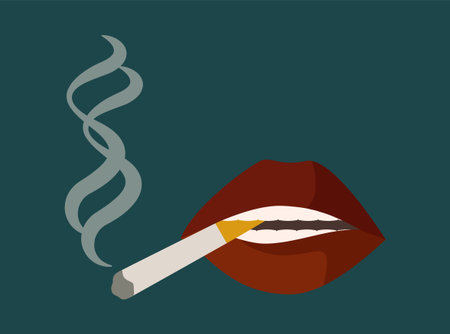 Sexy lips with cigarette illustration. Attractive female mouth. Quit smoking, bad habit. Contemporary art poster with lady lips. Stylish retro style.のイラスト素材