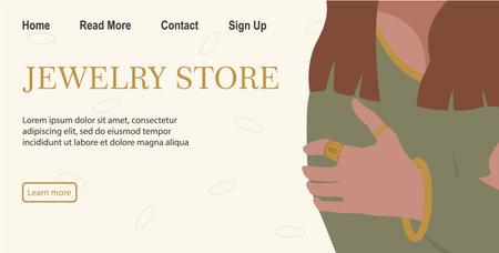 Luxury banner for online jewelry store. Elegant girl with rings and bracelets. Online accessories store. Template for banner, poster with text inscription. Vector illustrationのイラスト素材