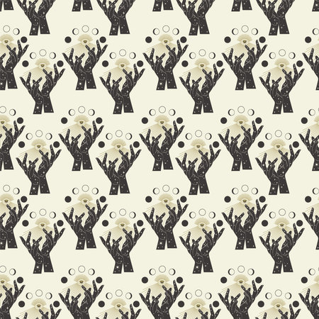 Seamless pattern with mystic eye hands on beige background. Vector tribal illustration. Mystic moon phases wallpaper, Halloween art. For wrapping paper, fabric print, wallpaperのイラスト素材