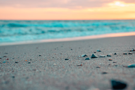 Relaxing Mediterranean beach summer panoramic photo. Waves surf with amazing blue sea shore, coastline. Beautiful bright beach, seaside. High quality picture for wallpaper, travel blogの写真素材