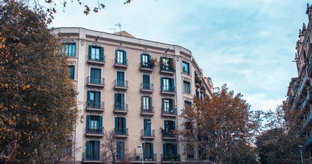 Historical building on Rambla street cityscape image. Winter parkland in Barcelona, Spain photo. Beautiful urban scenery photography. Street scene. High quality picture for wallpaper, articleの写真素材