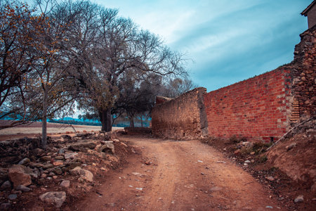 A rural farmhouse and clay road near, Catalonia countryside. Farm building near farm field, farmland. Road scene with old stone fence. High quality picture for wallpaper, articleの写真素材