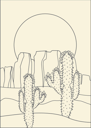 Aesthetic minimalist desert landscape with cactus and mountains. Boho wall decor, sunset in Australian bush. Mid century modern minimalist art print. Linear art savannahのイラスト素材