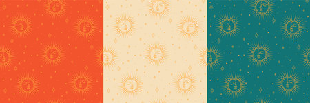 Mystical drawing of sun with face pattern. Moon and stars collage. Magic boho illustration....