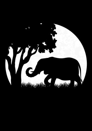 Savannah night landscape, wild nature of Africa. Kenya panoramic view illustration poster. Vector illustration of full moon and walking elephantのイラスト素材