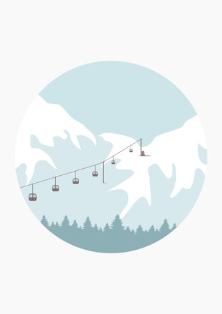 Vector illustration of ski resort with snowy hill. Winter mountain landscape, slope, ski lift. Outdoor holiday activity in Alps. Winter sport. Skiing and snowboarding. Active vacation weekendのイラスト素材