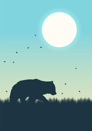 Aesthetic summer field and bear silhouette. Wildlife animals in nature. Grizzly bearのイラスト素材