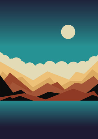 Seaside and mountains landscape illustration poster. Dusk panorama near lake. Minimalistic modern vector cartoon art. Trendy contemporary design. Colorful childish wall art decor.のイラスト素材