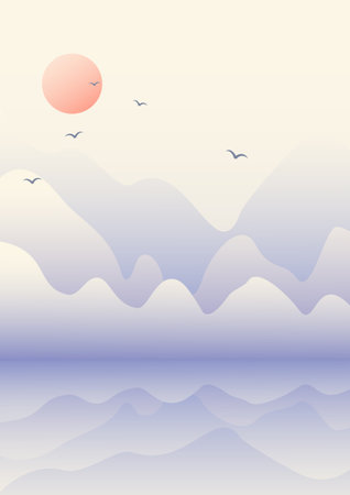 Minimalist aesthetic blue mountains morning landscape. Nordic fjord illustration. Springtime panorama with flying birds poster. Background for poster, cover. Mid century modern minimalist art print.のイラスト素材