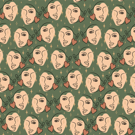 Continuous line drawing of woman face pattern. Aesthetic fashion minimalist concept, vector illustration. Modern fashionable lovely pattern. Glamor one line drawing women faces seamless pattern.のイラスト素材