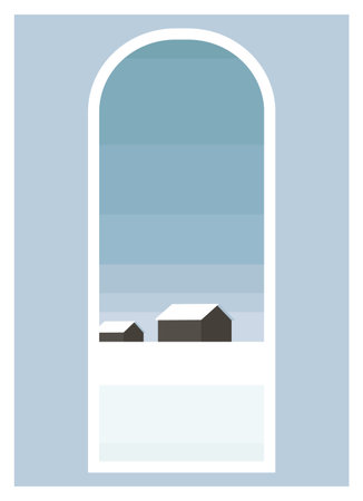 Nordic village landscape view illustration poster. Scenic winter nature. Seasonal cartoon landscape with snow on background collectionのイラスト素材