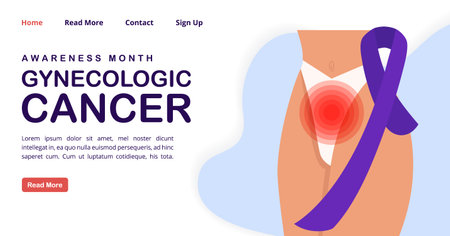 Gynecologic cancer awareness month woman banner. Gynecological disease. Adnexal tumor landing page. Detecting and diagnosis of oncological disease. Simple cartoon style illustration for web graphic designのイラスト素材
