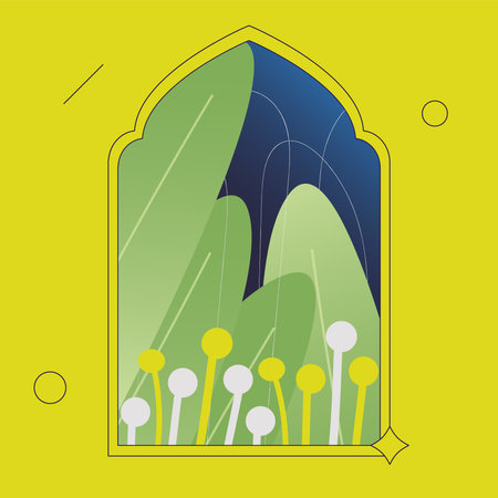 Easter spring view cartoon illustration. Happy Easter greeting card gradient art. Forest view, yard for easter hunt. Modern minimal cartoon style illustration for graphic design and animationのイラスト素材
