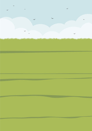 Vector country rural landscape scene with green wheat field. Skyline with clouds cartoon style illustration. Spring season countryside scenery. Mid century modern minimalist art print.のイラスト素材