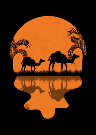 Night Sahara and full moon minimalist poster. Oasis landscape, wild camels in Africa. Panoramic view illustration. Travel to Egypt. Vector illustration of full moon and giraffes near waterのイラスト素材