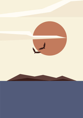 Abstract aesthetic background with sunset seaside landscape. Eagle birds in the cloudy sky illustration. Boho wall decor. Mid century modern minimalist art print.のイラスト素材