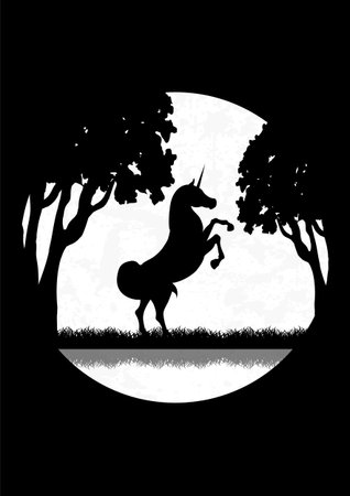 Unicorn silhouette standing in dusk meadow. Fairy tale meadow landscape, full moon and horse illustration. Mid century modern minimalist art print.のイラスト素材