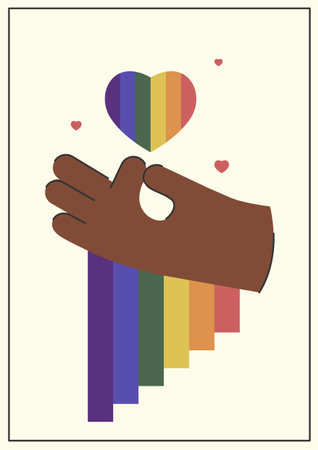 Hand holding heart for lovely one lgbt illustration. Take care love concept, supporting LGBTQ community. Greeting card or postcard template with heart in doodle styleのイラスト素材