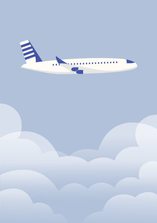 Plane flying in the sky among big cumulus clouds poster. Vector simple flat illustration. Childish abstract background for banner, greeting card. Modern style. Trendy vector illustration.のイラスト素材