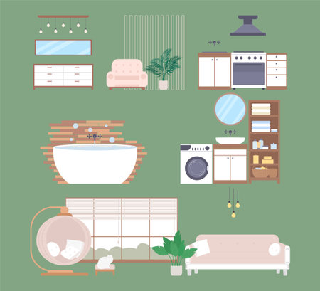 Modern flat illustration with living room interior in white pink colors. House interior for concept design. Living room, modern home decor. Home decoration. Background interior.のイラスト素材