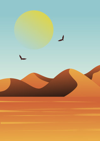 National Park wildlife poster vector illustration design. Eagle birds in the sky art. Aesthetic background with dunes landscape art. Falcon birds in sunny sky aesthetic poster. Sunny day cartoon vector art.のイラスト素材