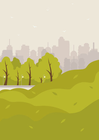 City park with green trees, lanterns and town buildings on skyline. Vector cartoon spring landscape with empty public garden and birds. Mid century modern minimalist art print.のイラスト素材