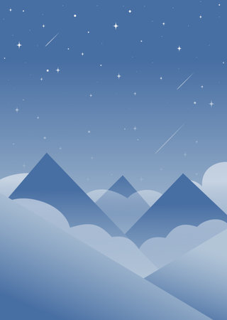 Shooting star in bright evening sky among clouds. Aesthetic gradient blue Pyrenees skyscape. Colorful childish abstract background poster. Vector illustrationのイラスト素材