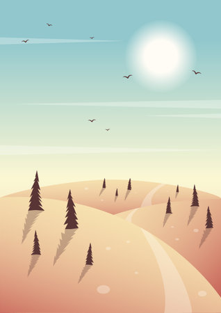 Morning valley landscape illustration poster. Sunset in national Yellowstone park art. Modern boho background with sun and forest, minimalist wall decor. Vector a4 art printのイラスト素材