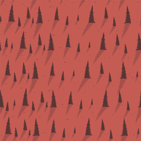 Christmas forest scandinavian seamless pattern. Vector New Year, Winter, holidays red background with Christmas tree for print, paper, design, fabric, decor, background.のイラスト素材
