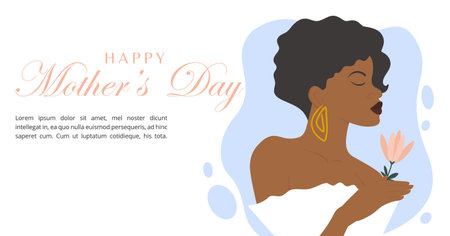 Happy Mother's Day simple banner. The girl with a flower. Postcard for the holiday Mother's Day. Cartoon flat illustration for international Women's Day. Vector art for web graphic designのイラスト素材