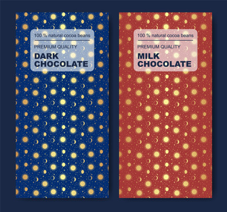 Organic chocolate bar golden universe design. Modern typography and hand drawn heavenly elements background layout. Editable packaging template collection.のイラスト素材