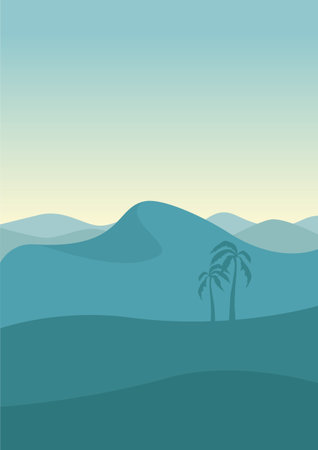 Aesthetic desert landscape, sahara dunes illustration. Africa oasis travel, travel to Egypt. Morning panoramic sunrise. Boho wall decor. Mid century modern minimalist art printのイラスト素材