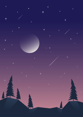 Minimalist aesthetic forest mountains landscape. Aesthetic pine tree forest under moonlight. Japanese midnight panorama. Background for poster, cover. Mid century modern minimalist art print.のイラスト素材