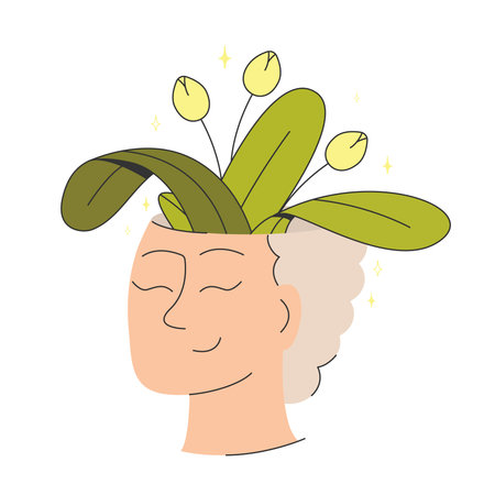 Woman mental health psychology vector concept illustration. 2d cartoon head with flowers inside. Positive thinking, self care, healthy slow life. Wellbeing, wellness mind. Acceptance, blooming brain abstract illustrationのイラスト素材